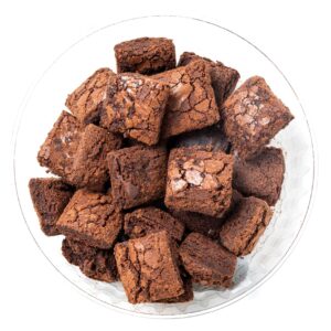 Drama Queen Brownies: fudgy chocolate brownies stacked on a clean backdrop with rich, glossy texture.